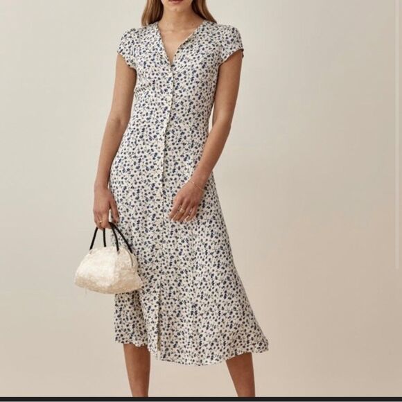 Reformation Dresses & Skirts - Reformation Fauna Floral Midi Dress Button Front Cap Sleeve Cream Blue Size 0